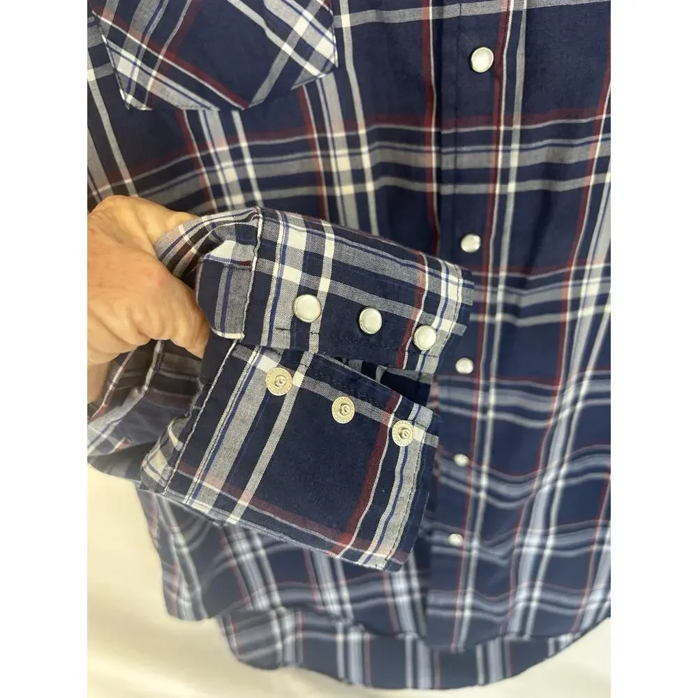 Thrashed Ely Cattleman western Pearl snap long sl blue/white/red shirt Sz L Tall